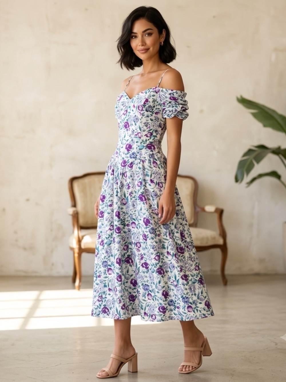 Vintage Karen Stevens Floral Drop Waist Midi Dress Cotton Whimsical Women’s US 6